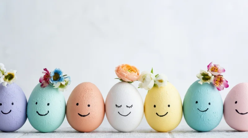 Row of colorful decorated easter eggs with smiling faces and small flowers on top arranged on white surface