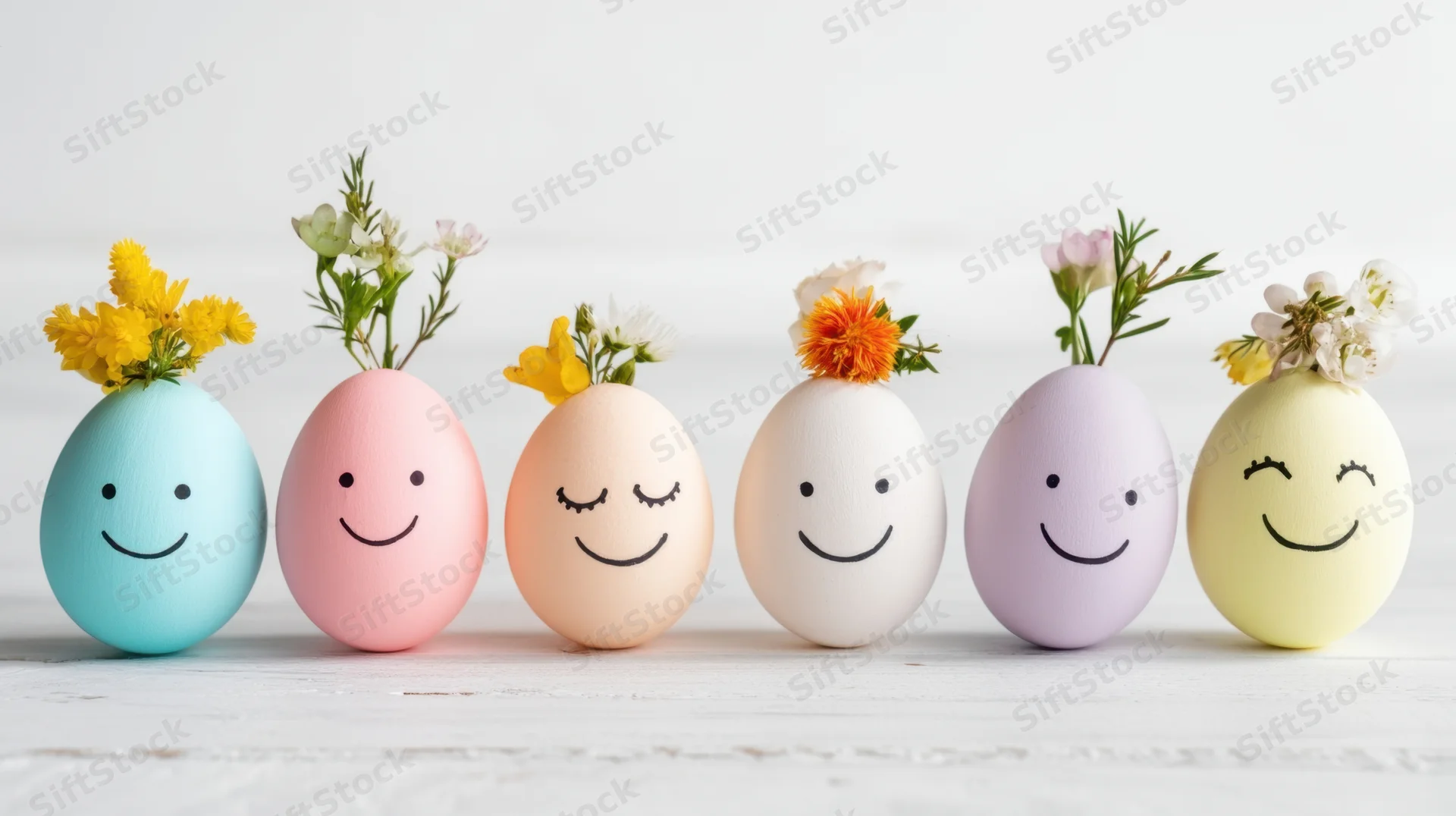 Six pastel-colored decorated eggs with smiling faces and small flower sprigs arranged in a row on a white wooden surface