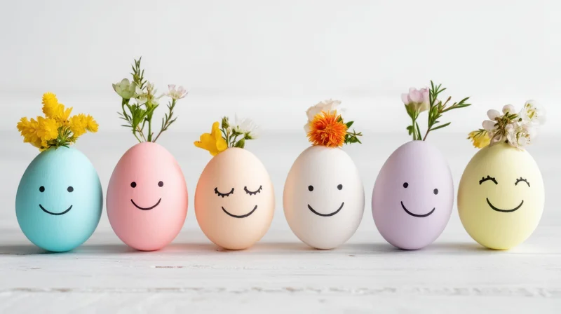 Six pastel-colored decorated eggs with smiling faces and small flower sprigs arranged in a row on a white wooden surface