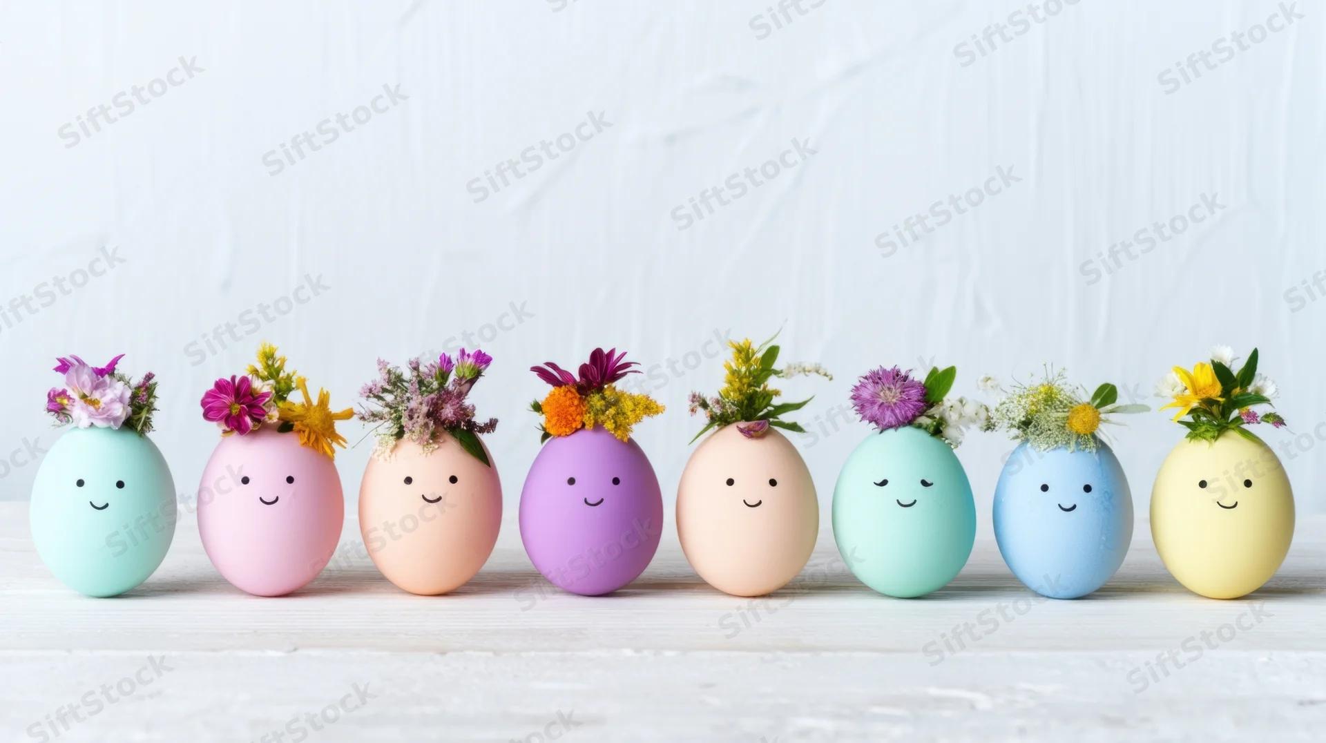 Row of pastel decorated eggs with floral crowns and smiling faces on white surface