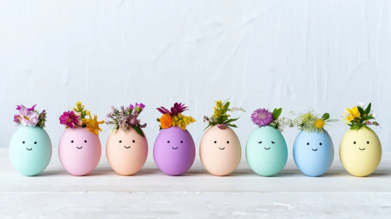 Row of pastel decorated eggs with floral crowns and smiling faces on white surface