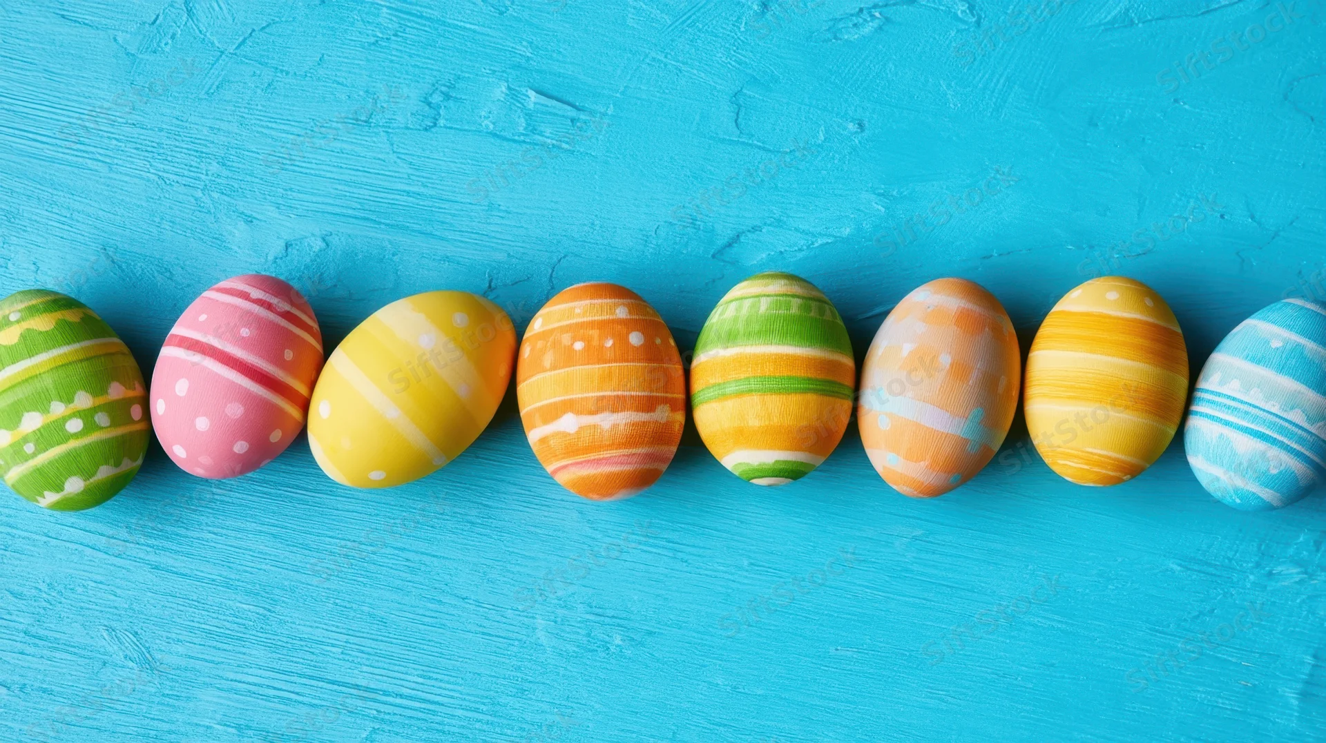 Row of colorful decorated easter eggs on blue wooden surface