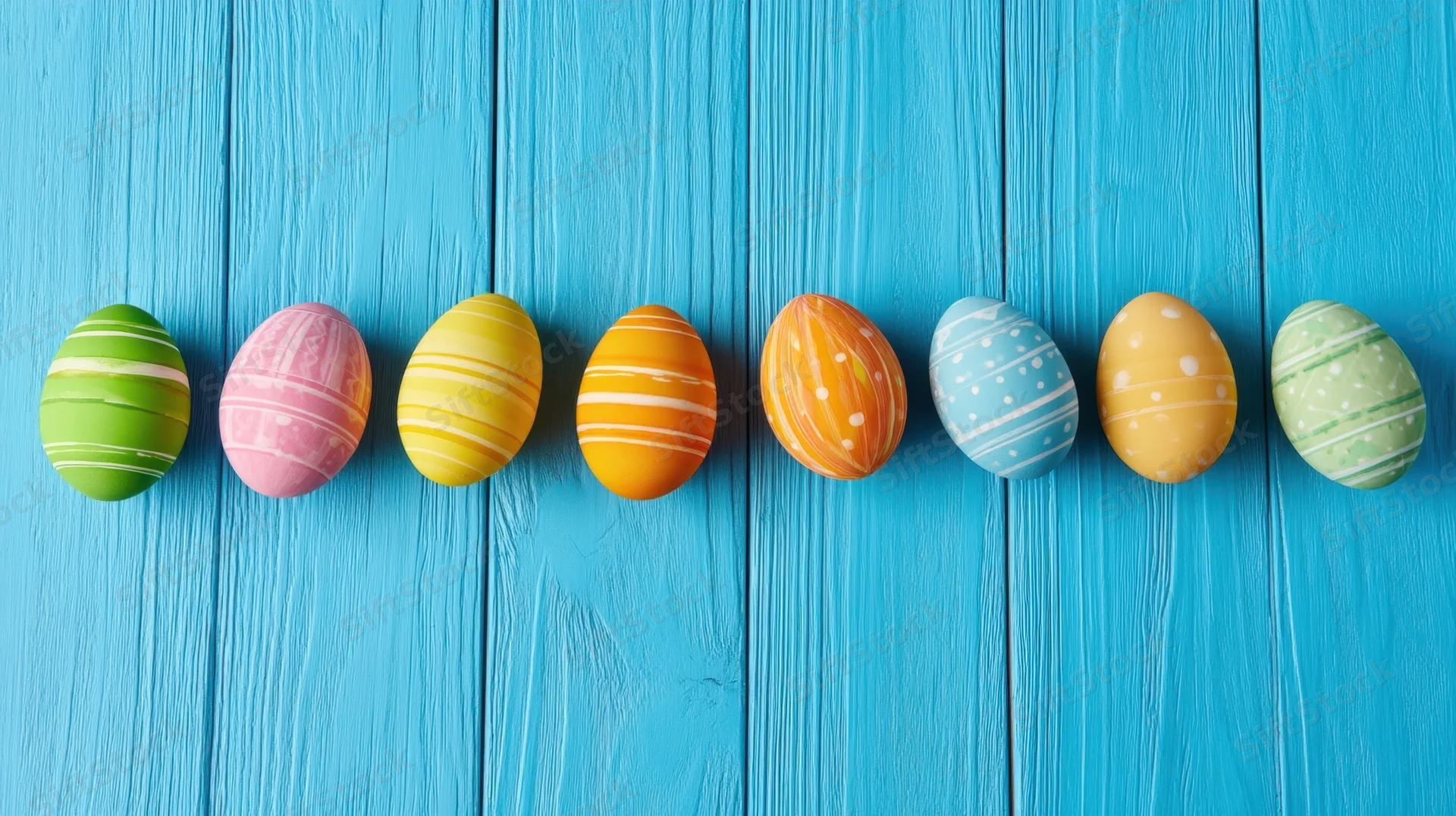 Row of colorful decorated easter eggs arranged horizontally on blue wooden surface