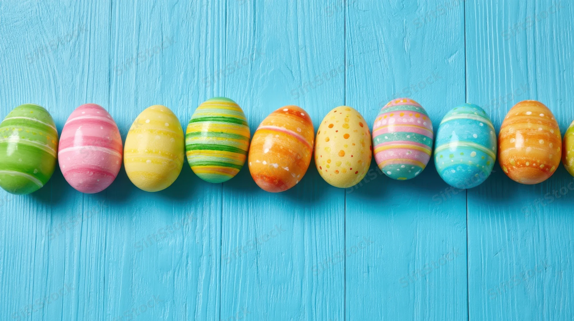 Row of colorful decorated easter eggs arranged on blue wooden surface