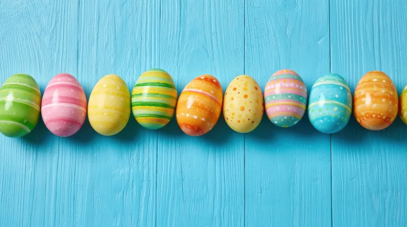 Row of colorful decorated easter eggs arranged on blue wooden surface
