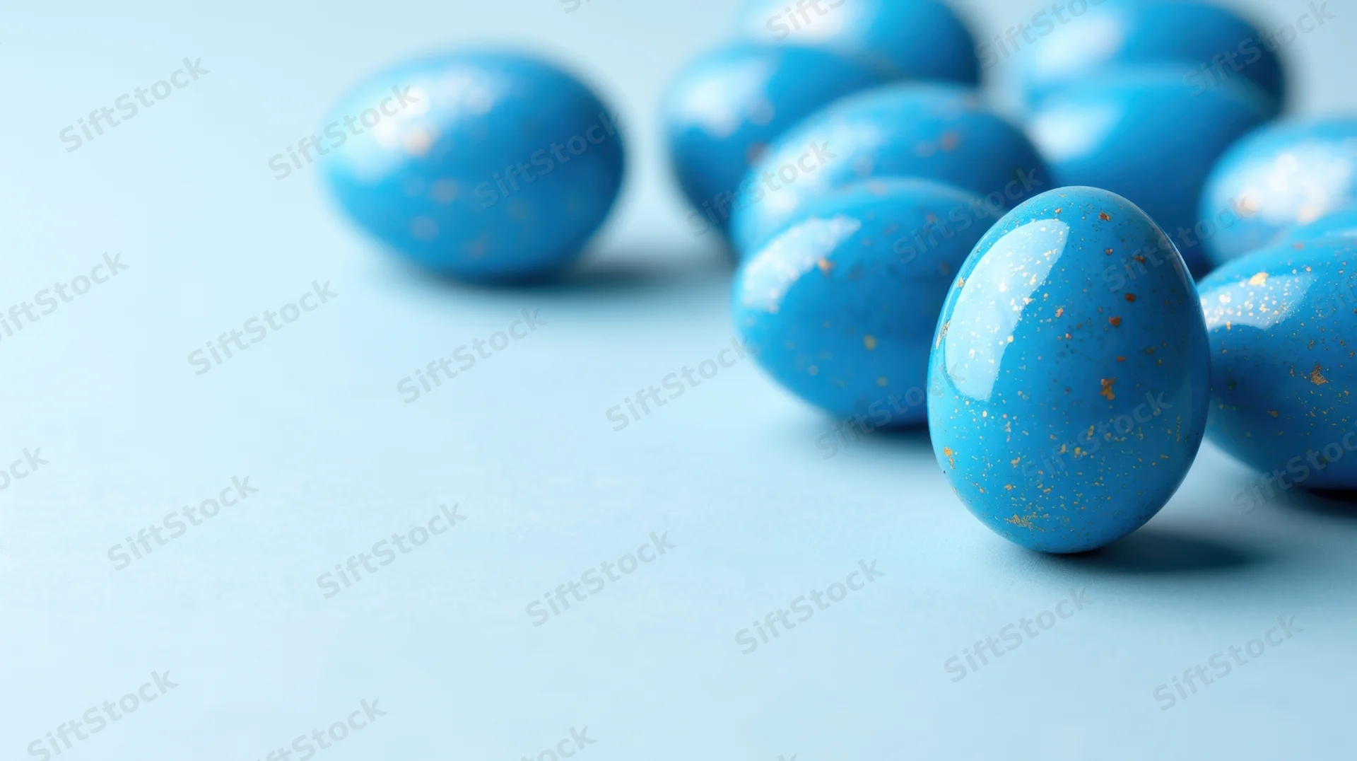 Blue decorated easter eggs with golden speckles arranged on a light blue surface