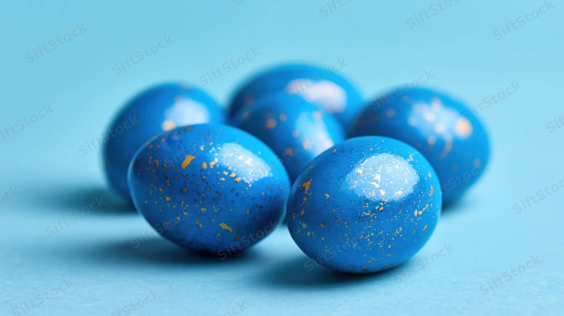 Blue decorated eggs with golden speckles arranged on a light blue surface