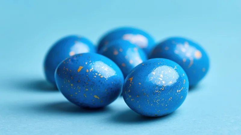 Blue decorated eggs with golden speckles arranged on a light blue surface