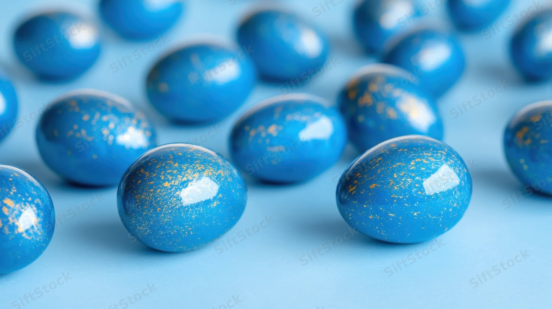 Blue decorated eggs with golden speckles scattered on a light blue surface