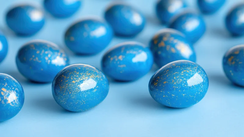Blue Chocolate Eggs with Gold Speckles on Pastel Blue Background