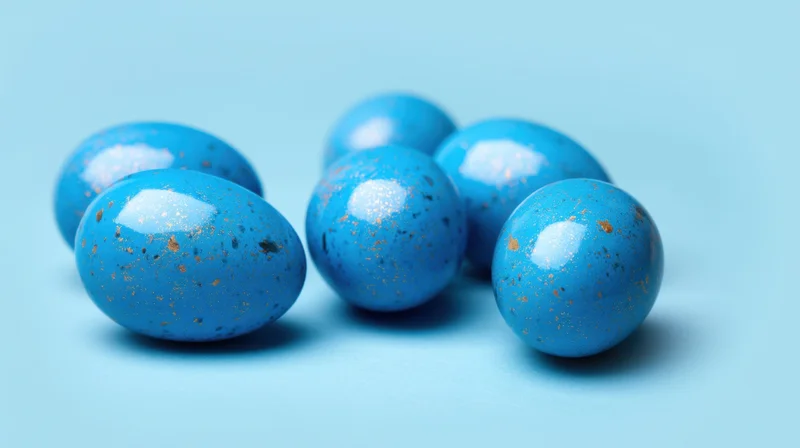 Blue decorated easter eggs with speckled pattern arranged on a pastel blue surface
