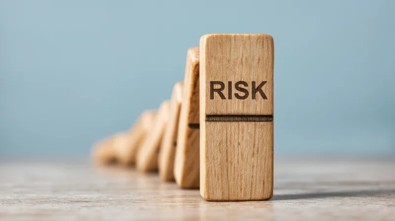 Wooden dominoes in a line with the word risk on the front one, standing on a table against a blue background