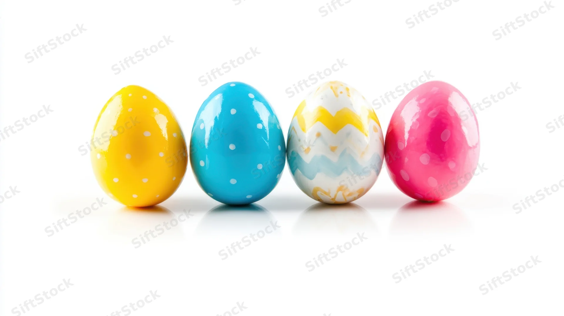 Four colorful decorated easter eggs in a row on white background