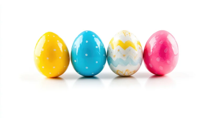 Four colorful decorated easter eggs in a row on white background
