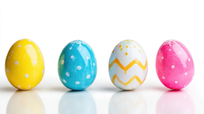 Four decorated easter eggs in a row on a reflective white surface