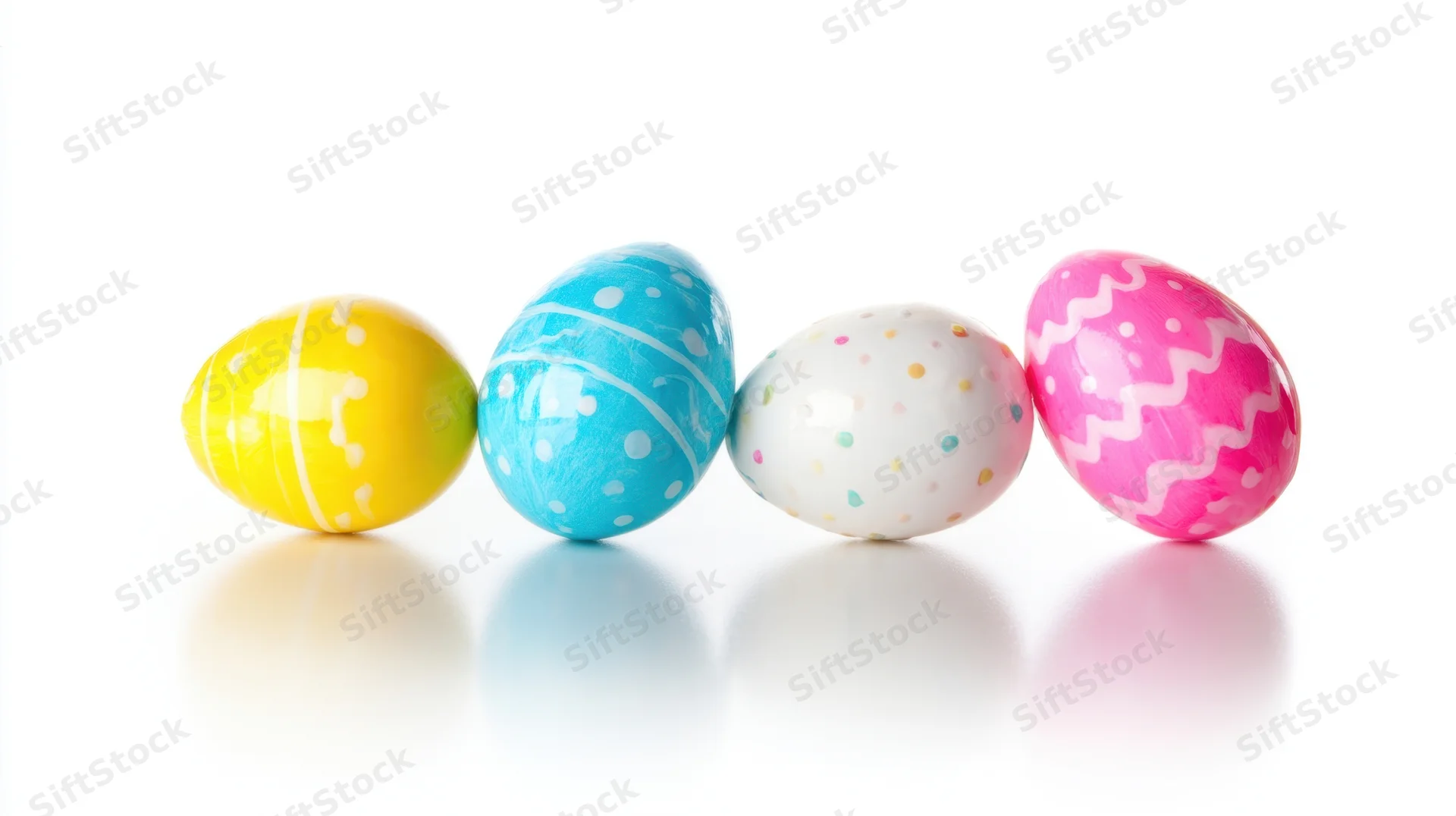 Four decorated easter eggs in a row on a white reflective surface