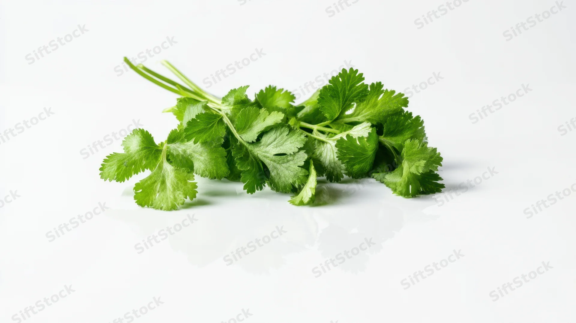 Fresh cilantro bunch on white surface with reflection
