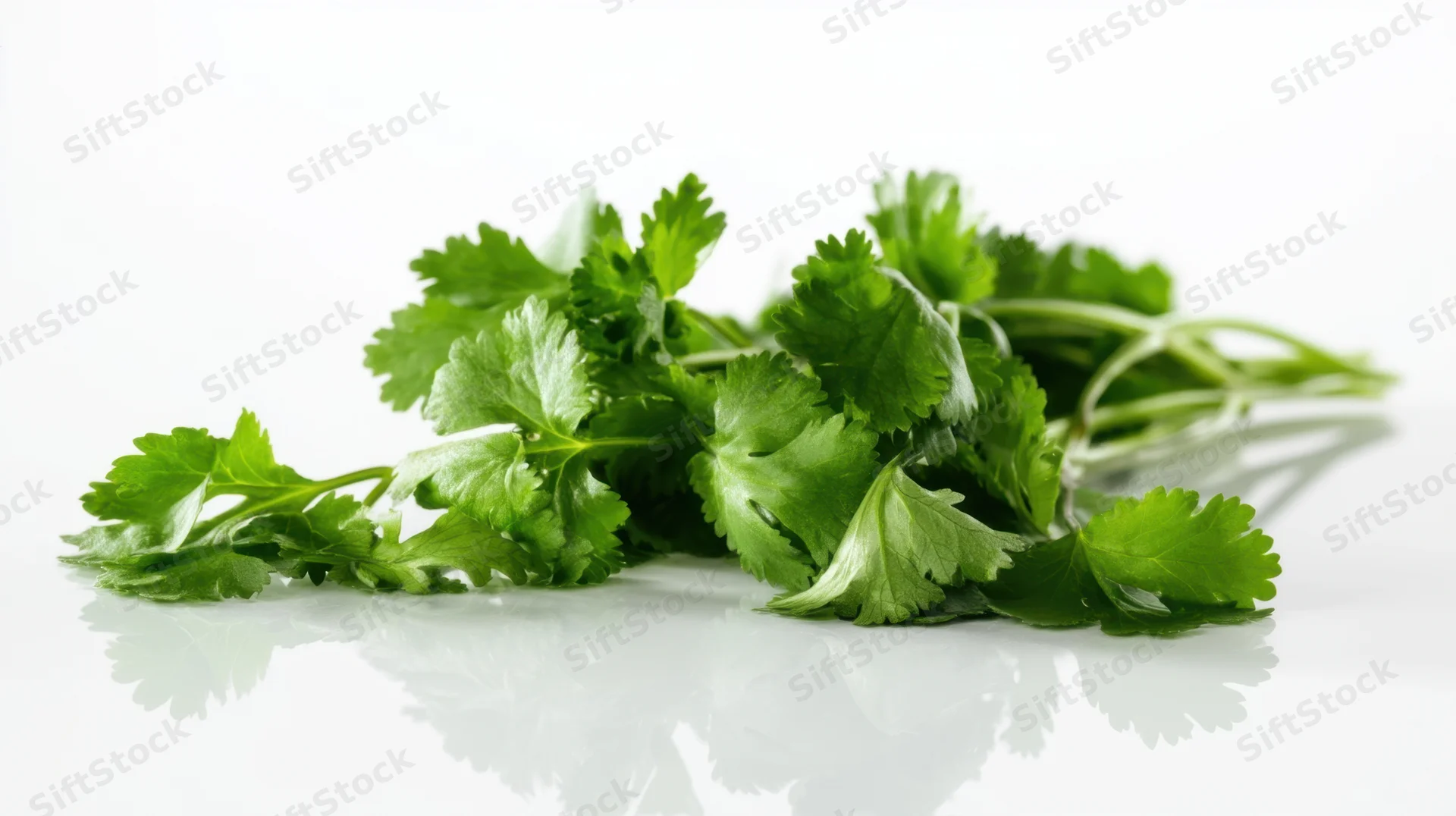 Fresh cilantro leaves arranged on a reflective white surface