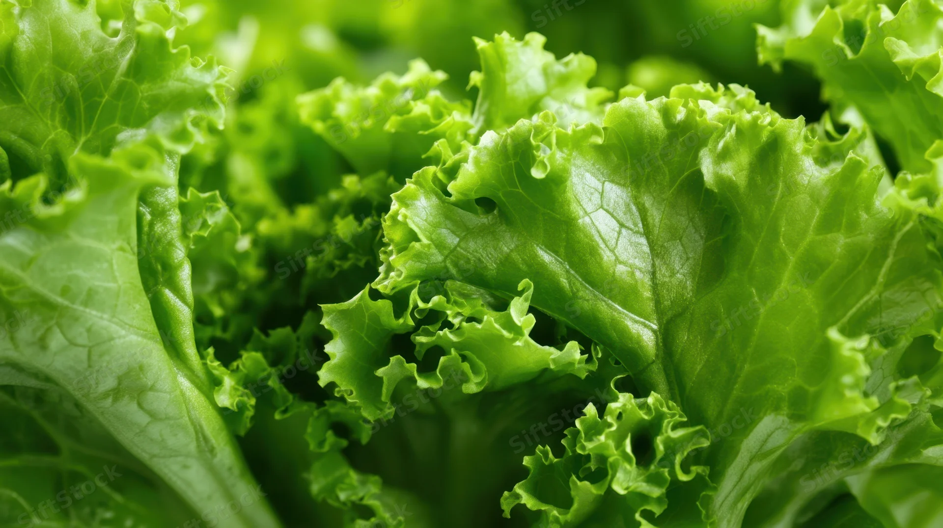 Closeup of fresh green lettuce leaves with ruffled edges and visible veins