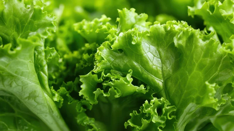 Closeup of fresh green lettuce leaves with ruffled edges and visible veins