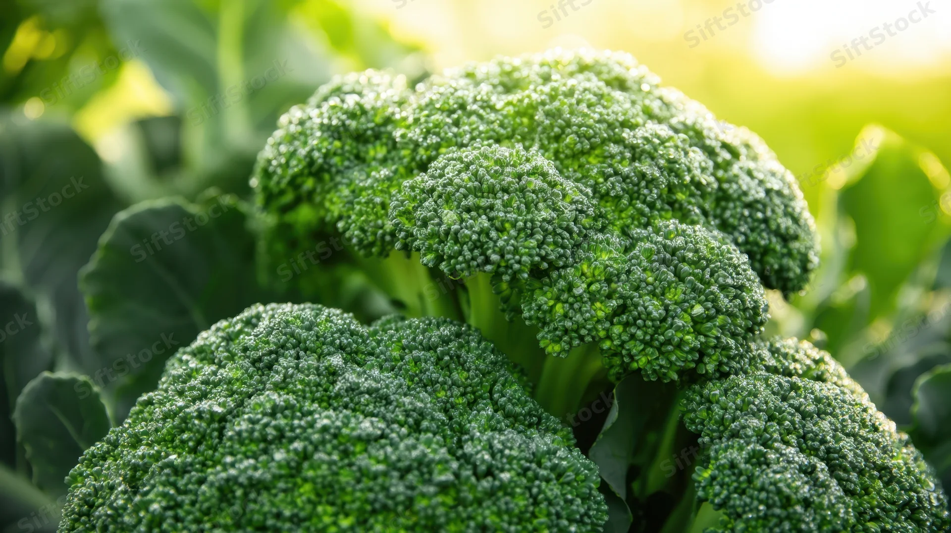 Closeup of fresh broccoli heads in a sunlit garden field