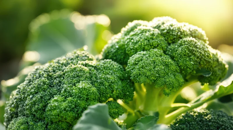 Closeup of fresh broccoli florets with green leaves in a sunlit garden