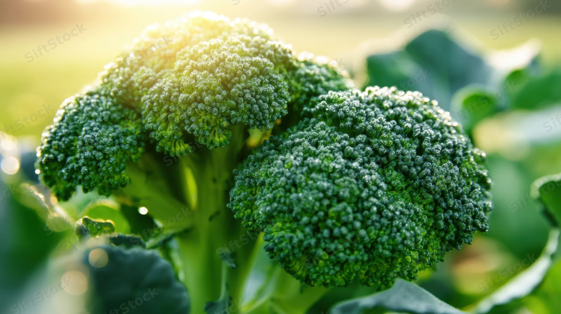 Closeup of fresh broccoli heads with green leaves in a sunlit field