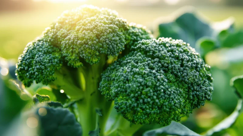 Closeup of fresh broccoli heads with green leaves in a sunlit field