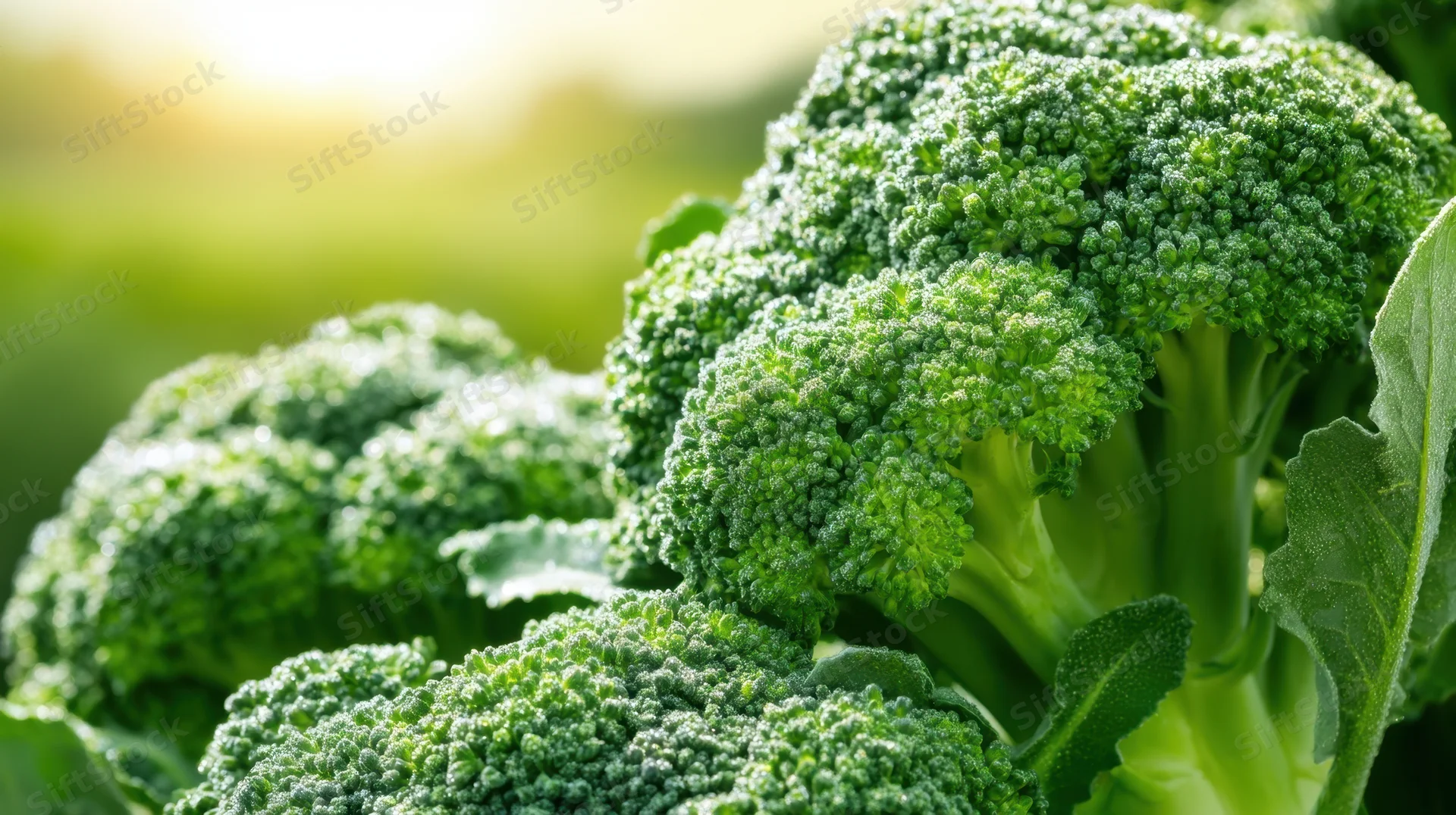 Closeup of fresh broccoli heads with green leaves in a sunlit field