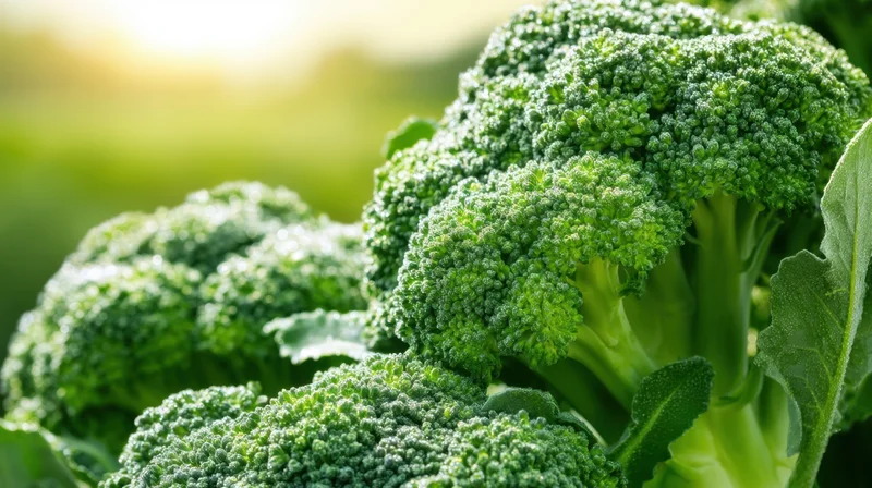Closeup of fresh broccoli heads with green leaves in a sunlit field
