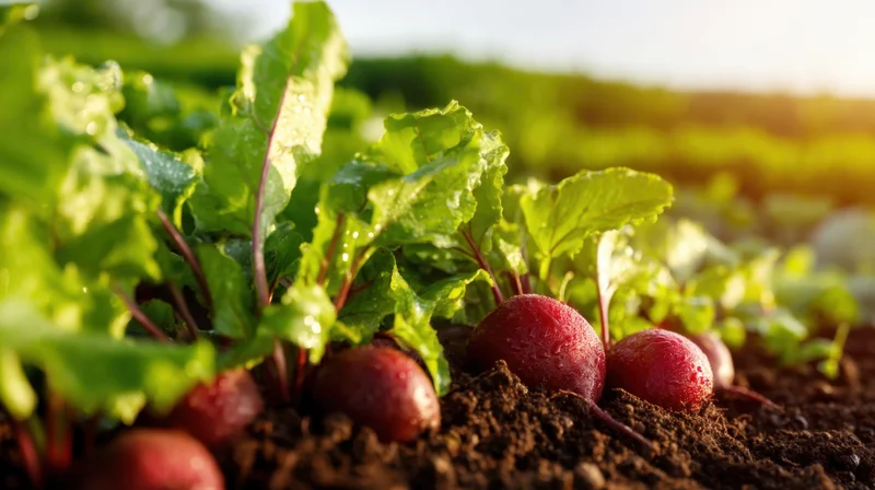 Radishes growing in soil with green leaves in a garden field