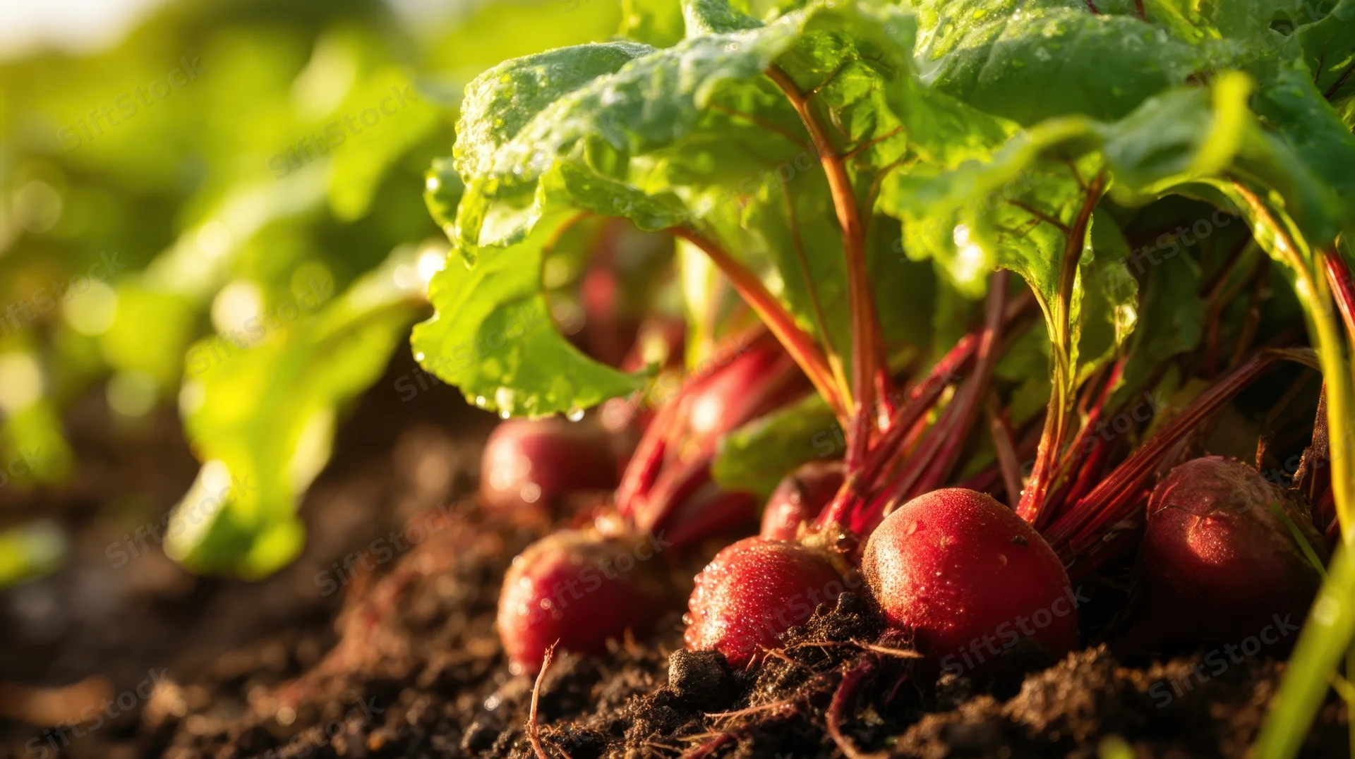 Freshly harvested radishes with green leaves in soil under sunlight