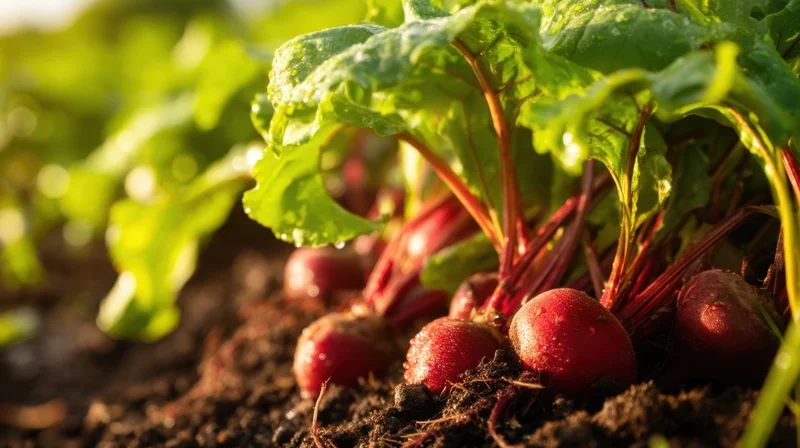 Freshly harvested radishes with green leaves in soil under sunlight