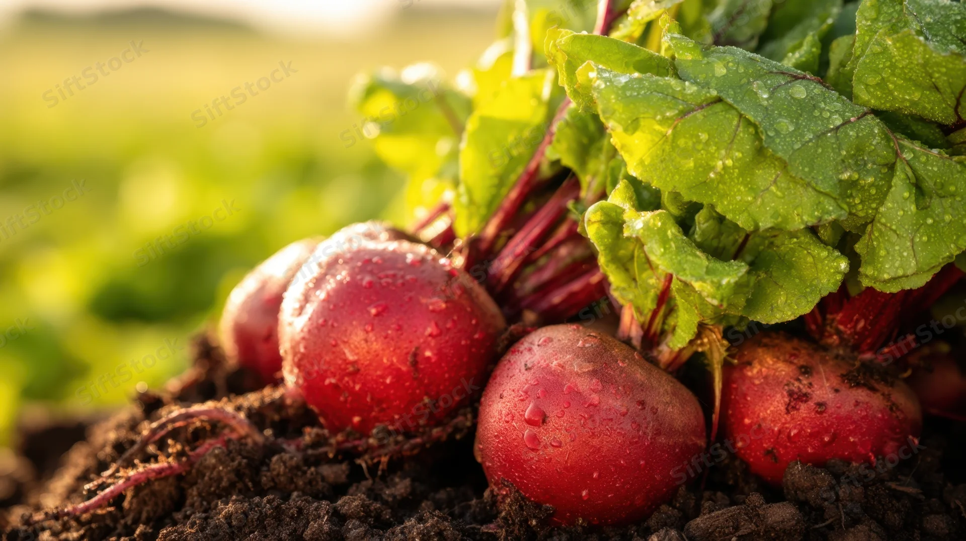 Freshly harvested radishes with green leaves resting in soil on a farm field