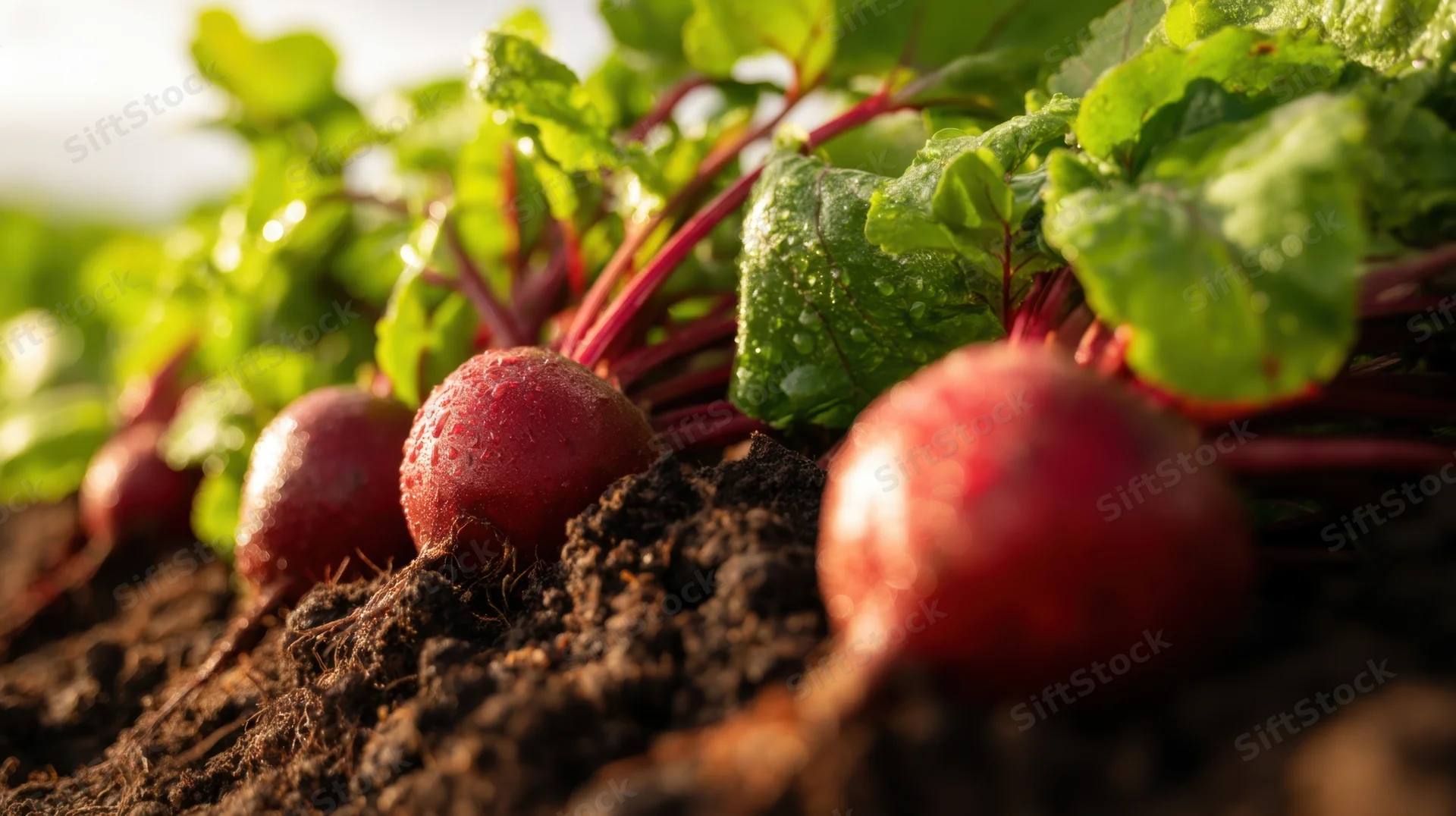 Freshly harvested radishes with green leaves emerging from dark soil in a garden bed