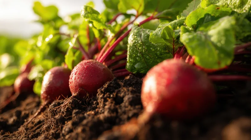 Freshly harvested radishes with green leaves emerging from dark soil in a garden bed