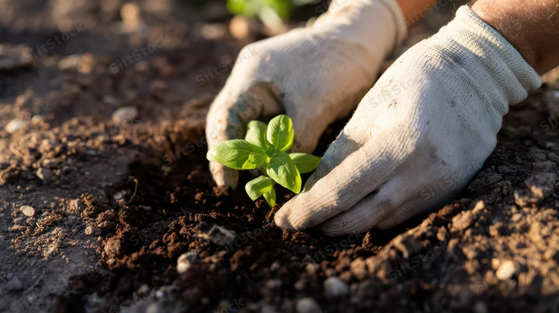 Hands in gloves planting a basil seedling in soil outdoors
