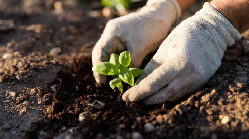 Hands in gloves planting a basil seedling in soil outdoors