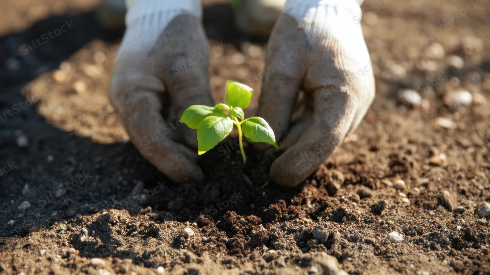 Hands planting a basil seedling in soil outdoors