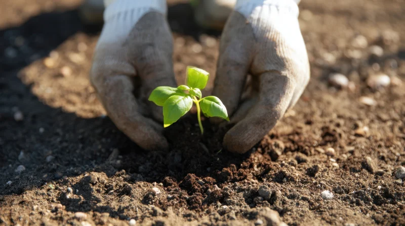 Seedling planted by gloved hands in rich soil for sustainable gardening