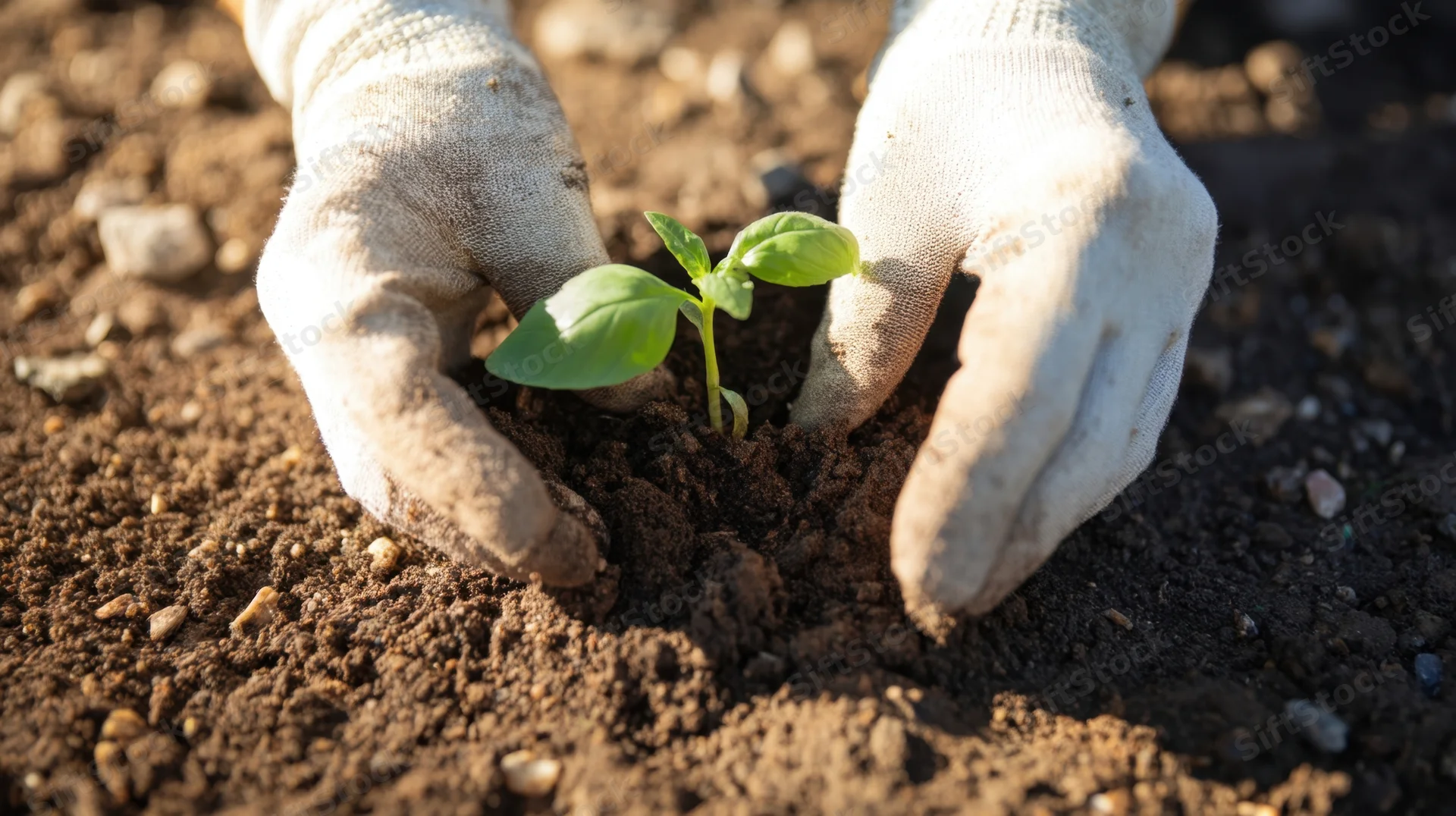 Hands in gloves planting a small green seedling in dark soil