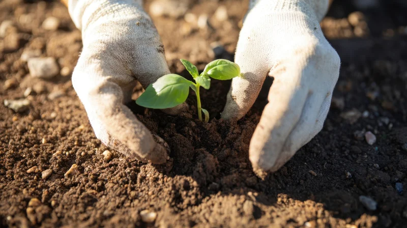 Hands in gloves planting a small green seedling in dark soil