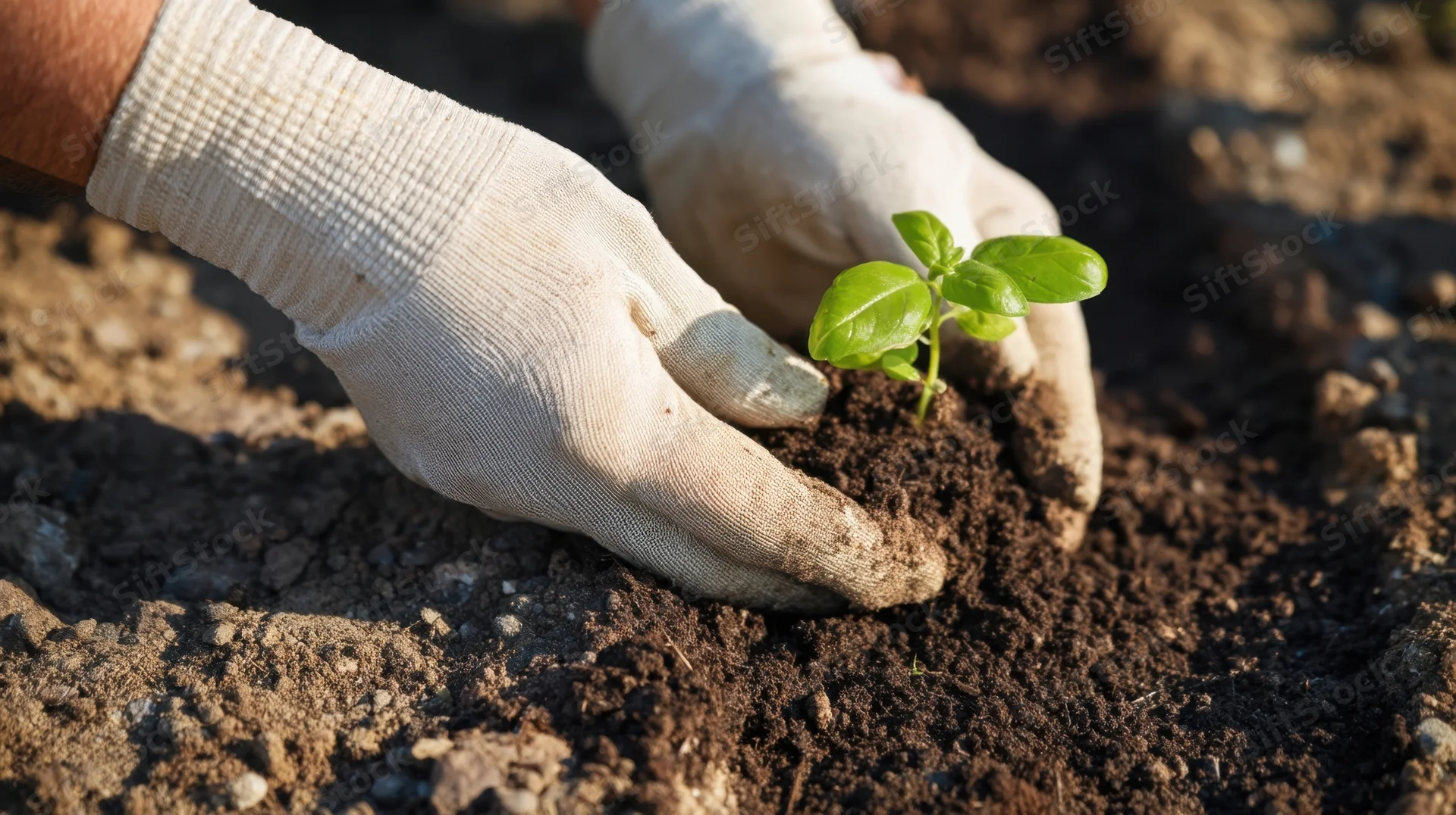 Hands in gloves planting a basil seedling in soil outdoors