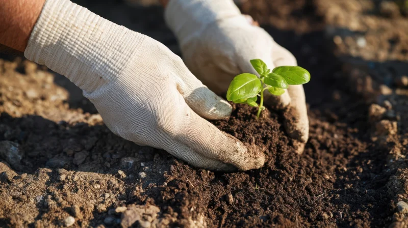 Hands in gloves planting a basil seedling in soil outdoors