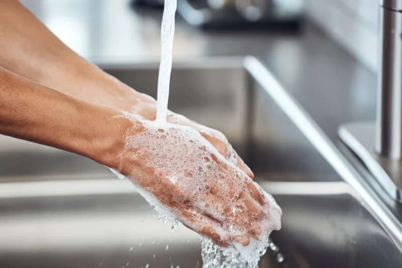 Hands being washed with soapy water under a running faucet in a stainless steel sink