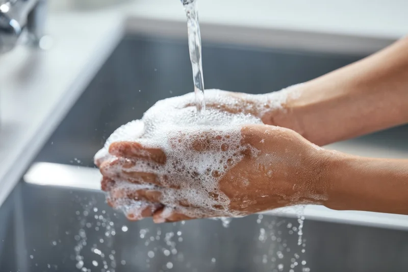 Hands covered in soap foam under running water in a sink