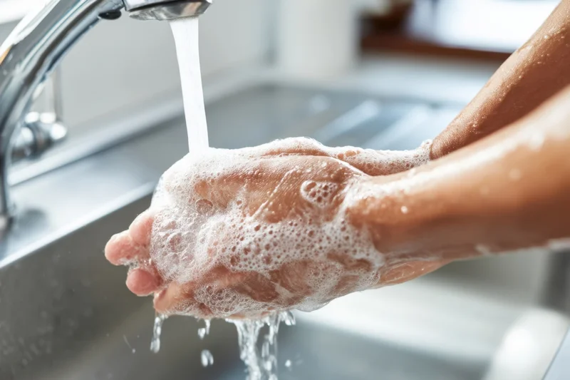 Hands covered in soap lather under running water from a faucet in a sink
