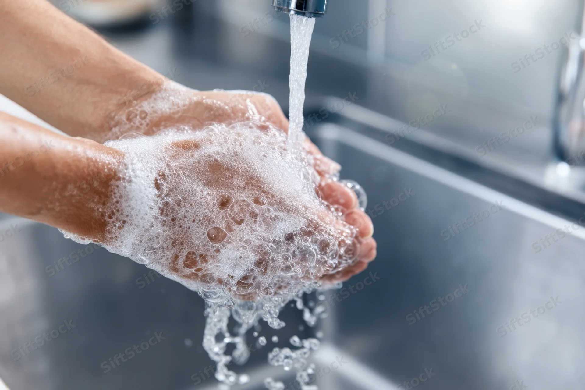 Hands covered in soap suds being rinsed under running water in a stainless steel sink