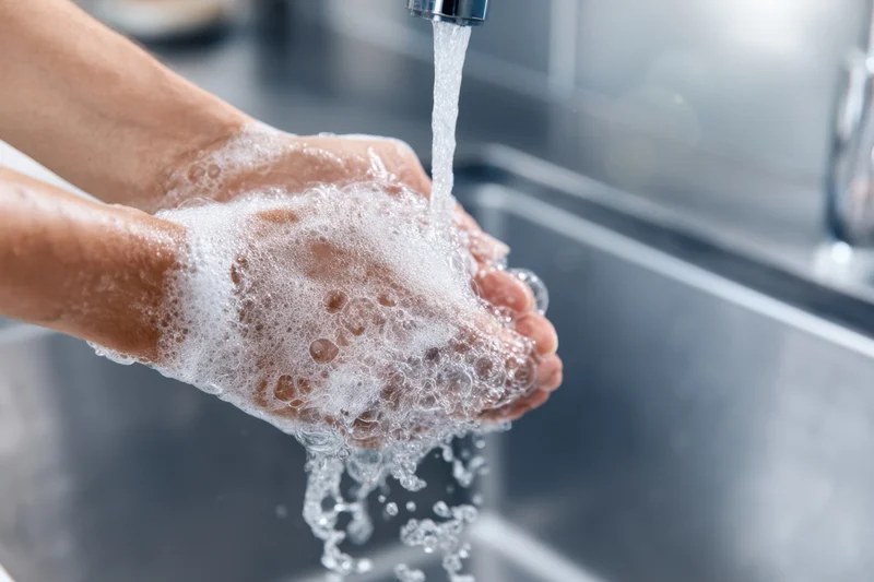 Hands covered in soap suds being rinsed under running water in a stainless steel sink