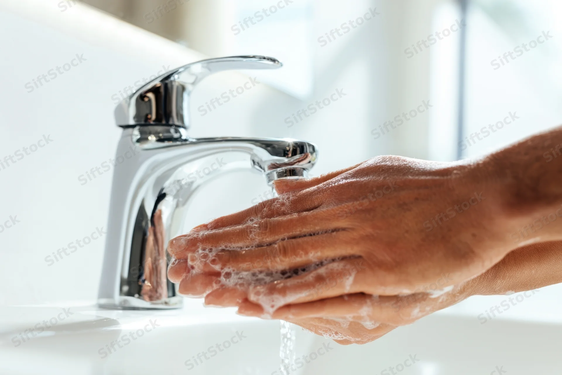 Hands covered in soap suds being rinsed under a chrome faucet in a white bathroom sink